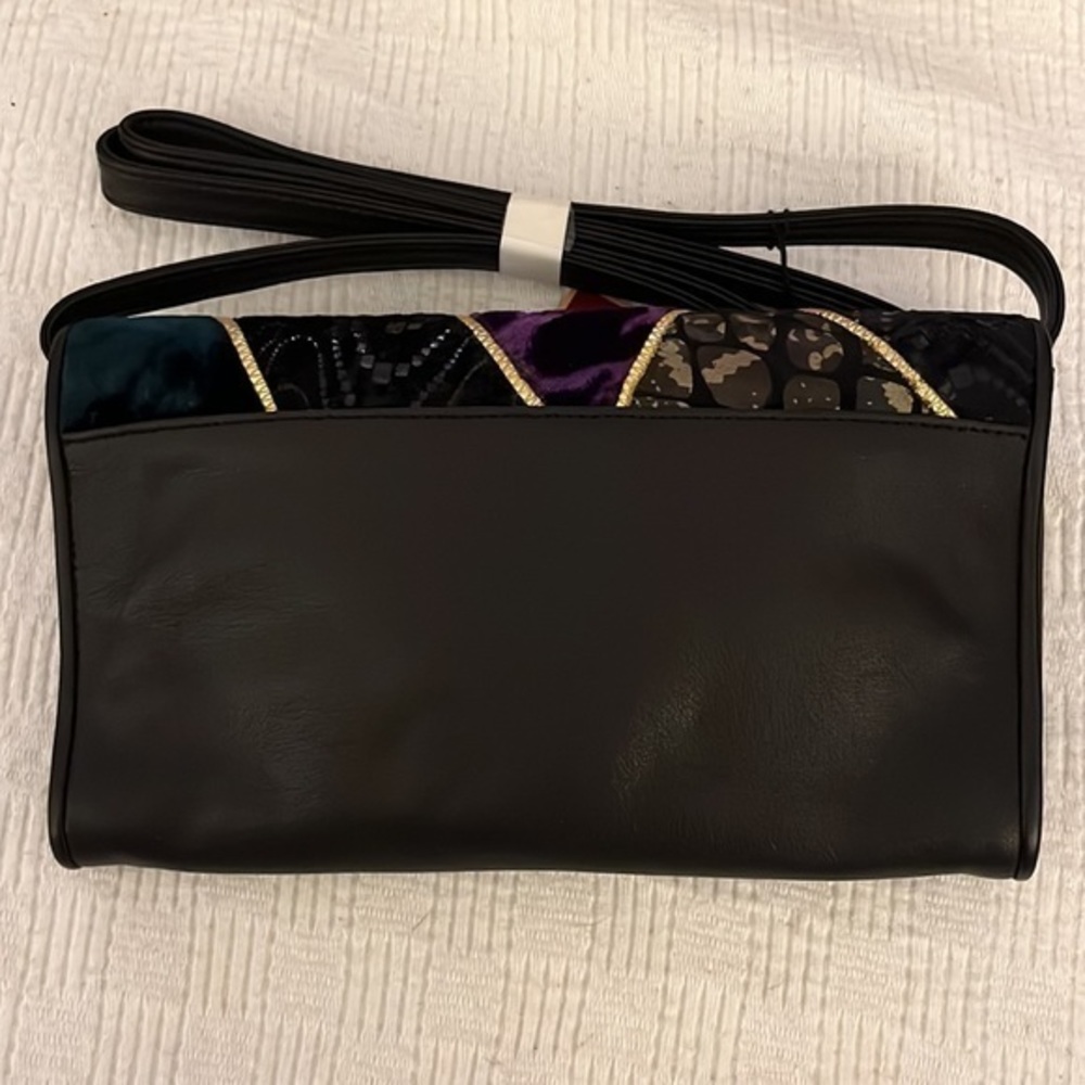Collage by Carlos Falchi Purse Black Leather Patchwork Fabric Shoulder Bag - Picture 5 of 8